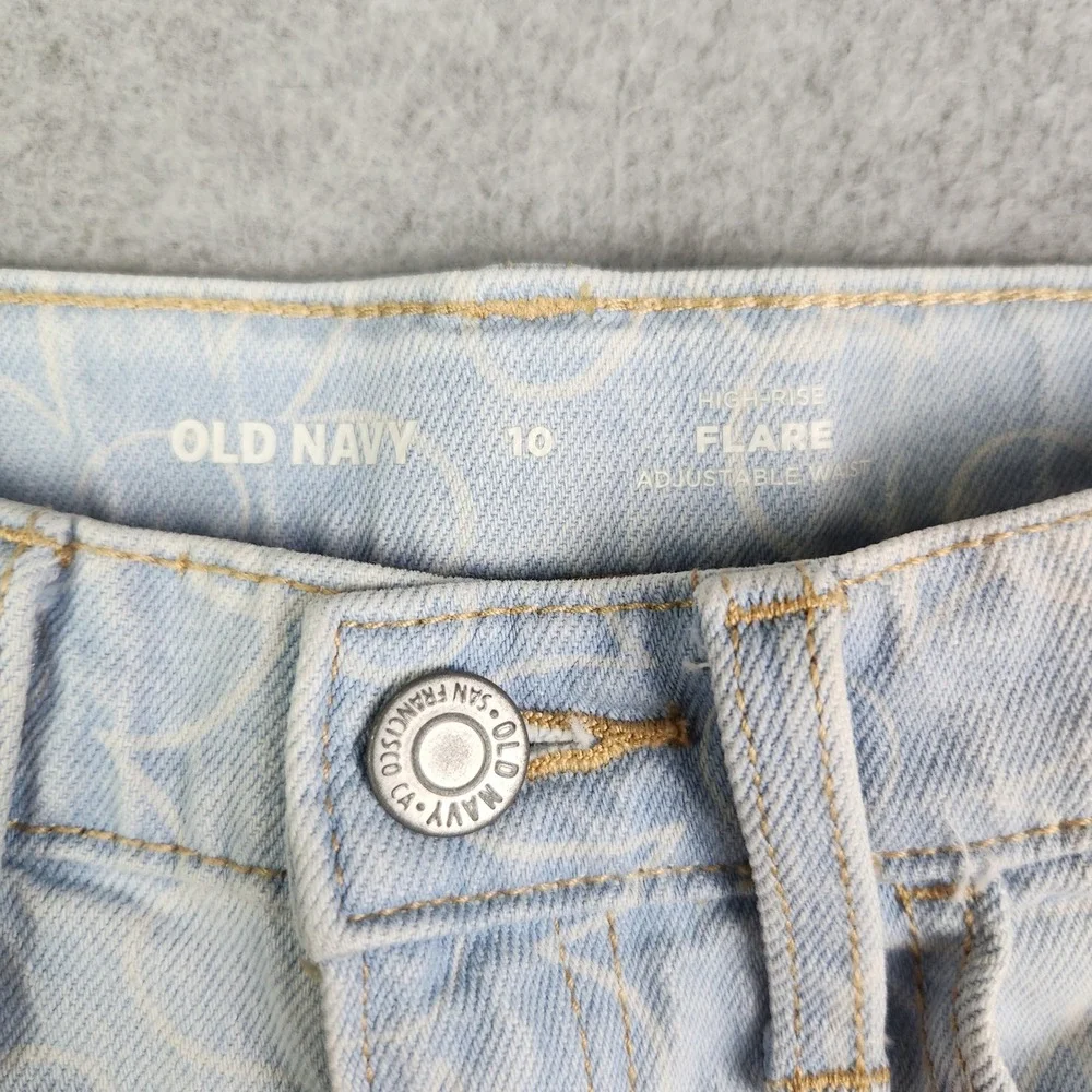 Old Navy Flare Jeans Girls Size 10 Blue Denim Floral High Rise‎ Adjustable Waist